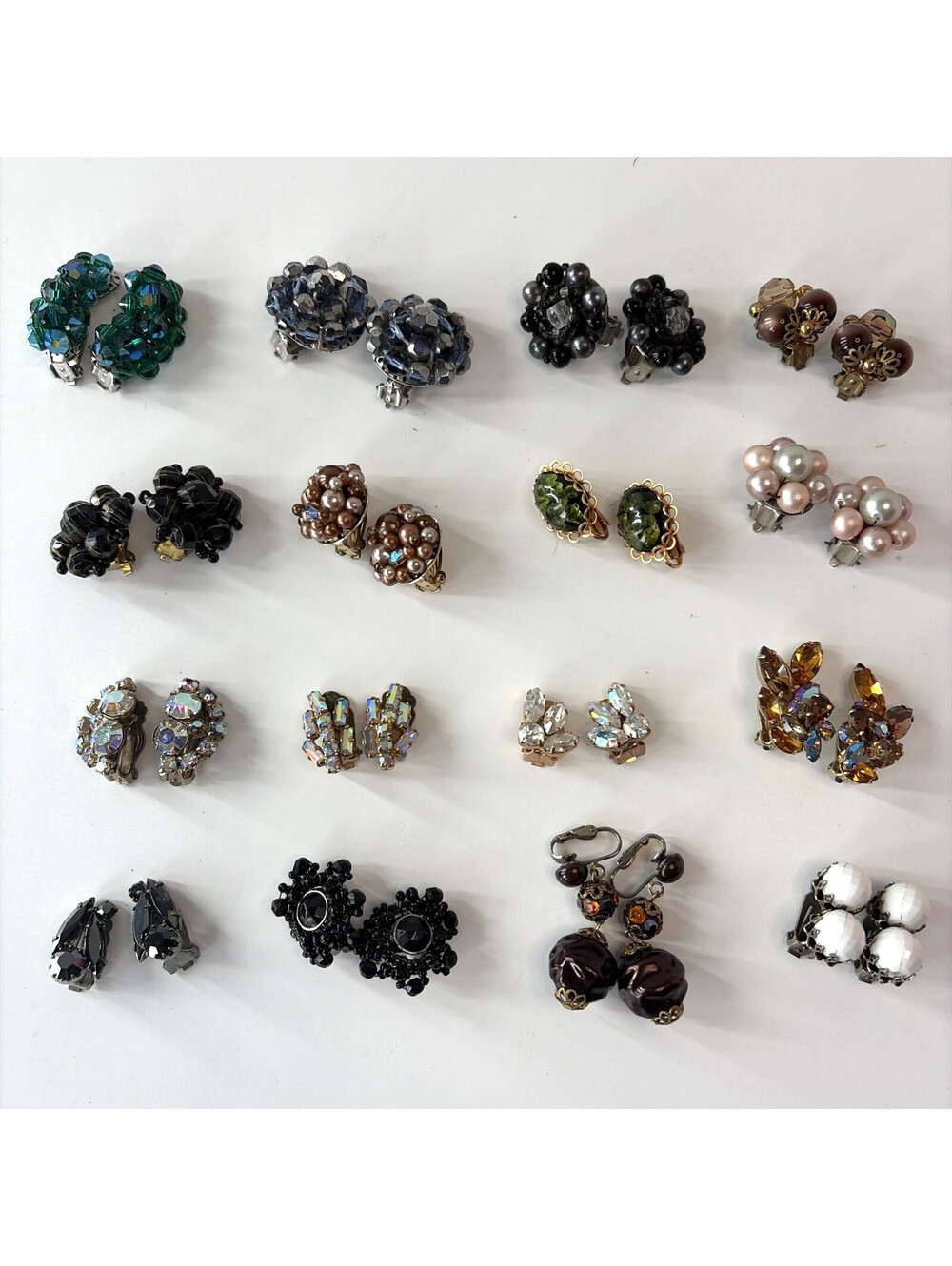 Lot of 16 Pairs Vtg Clip On Earrings Rhinestone Beaded Cluster Faux Pearl MCM